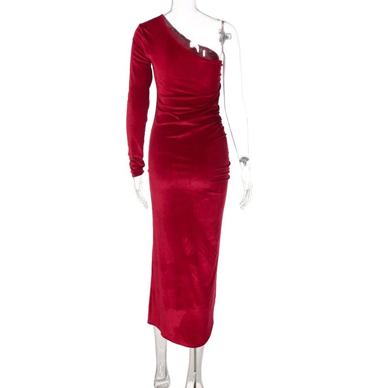 Women’s Elegant Velvet Bodycon Midi Dress - Long Sleeve Split Pencil Dress for Party & Evening Wear, Spring Autumn Fashion