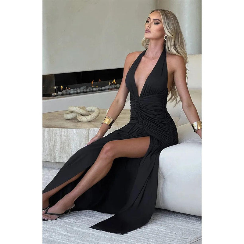 Mozision Women’s Halter Deep V-Neck Backless Maxi Dress - Sexy Sleeveless Thigh-High Split Elegant Long Dress - Faith Affinity