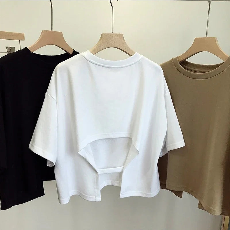 "Women's Backless Summer Crop Top - 2023 Korean Casual Loose Fit Round Neck Short-Sleeved T-Shirt for Sweet and Spicy Style" - Faith Affinity