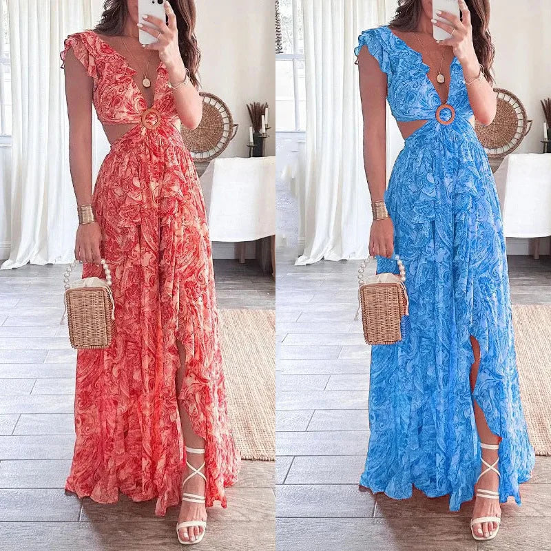 "2025 Women’s Summer Fashion Printed Deep V Dress - Sexy Waist-Exposed Pleated Maxi Outfit" - Faith Affinity