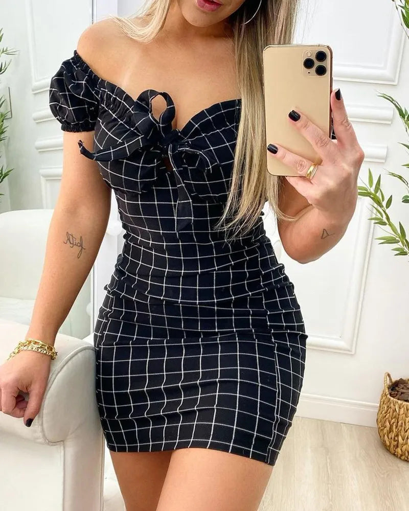 Women’s Sexy Summer Dress - Cross Border Grid Print Short Skirt, Package Buttocks Design Fashion Dress