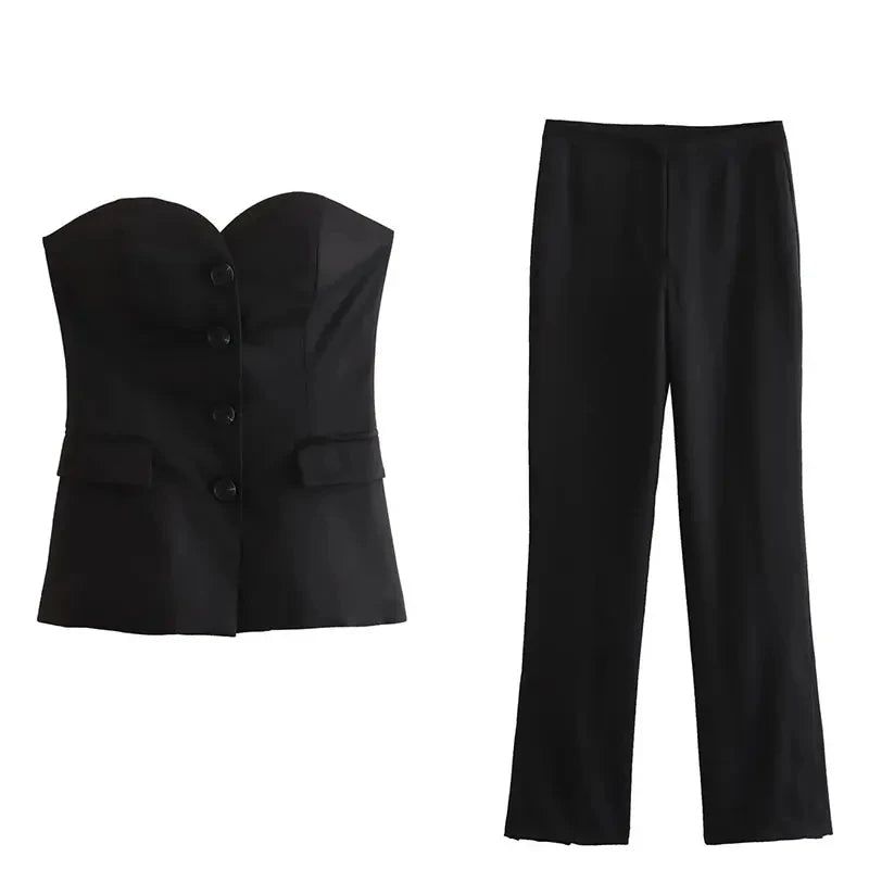 "TRAFZA Women’s Elegant Solid Pant Suit - Front Button Strapless Sexy Tank Top & Side Slit Trouser, Fashion Streetwear Set"