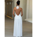 "Nibber Women's Elegant Long Dress - Solid Hipster Halter V-Neck Backless with Shirring & Side Split, High Street Vestidos" - Faith Affinity