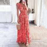 "2025 Women’s Summer Fashion Printed Deep V Dress - Sexy Waist-Exposed Pleated Maxi Outfit" - Faith Affinity