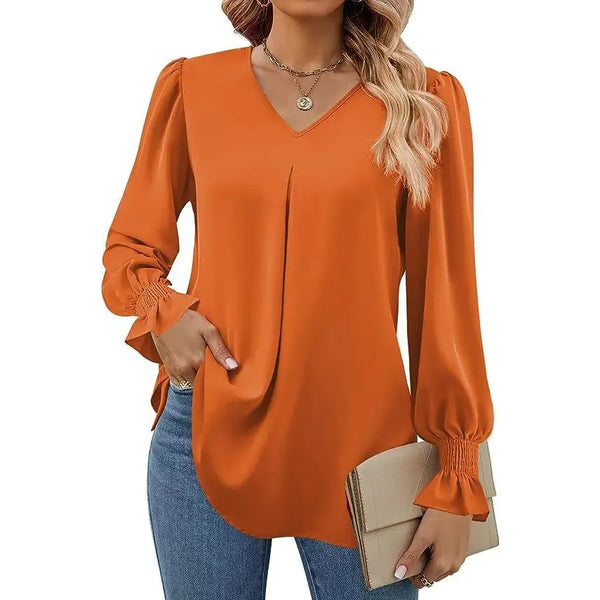 "Women’s Solid Color Chiffon Shirt – V-Neck Pullover Flared Long Sleeves Office Blouse in Elegant Khaki" - Faith Affinity