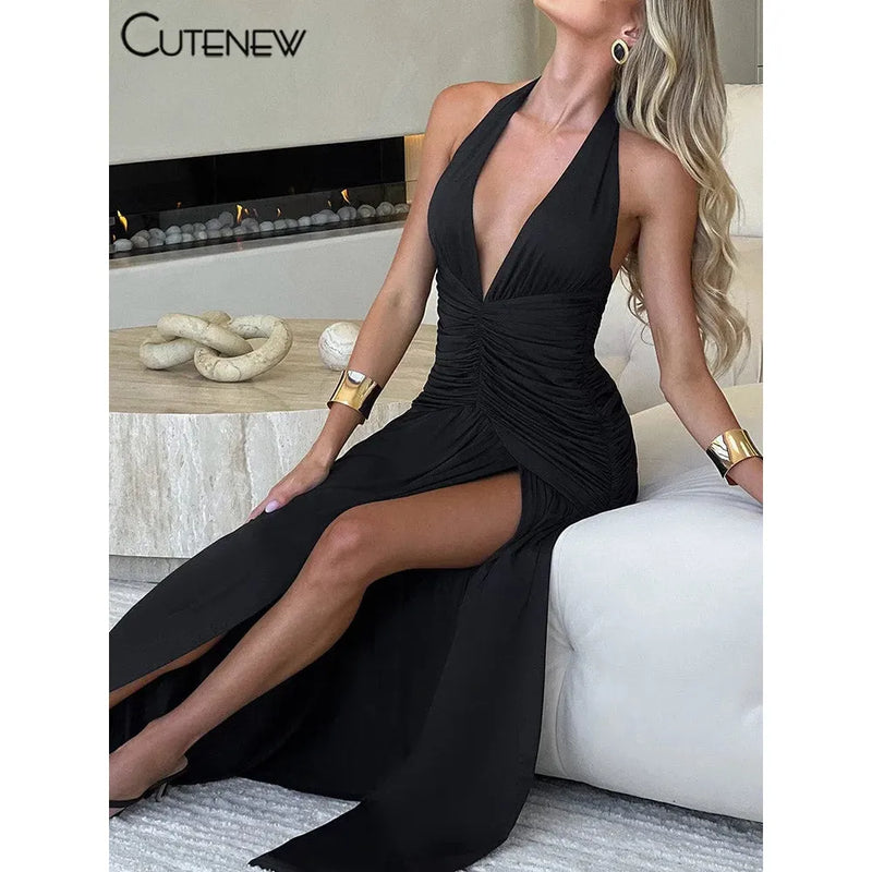 "Nibber Women's Elegant Long Dress - Solid Hipster Halter V-Neck Backless with Shirring & Side Split, High Street Vestidos" - Faith Affinity