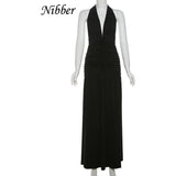 "Nibber Women's Elegant Long Dress - Solid Hipster Halter V-Neck Backless with Shirring & Side Split, High Street Vestidos" - Faith Affinity