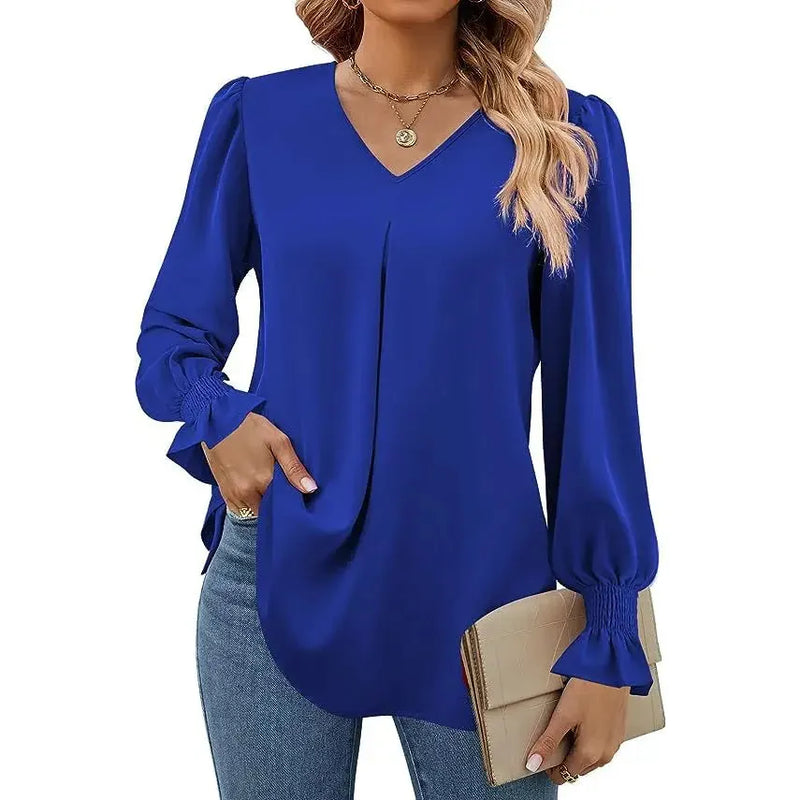 "Women’s Solid Color Chiffon Shirt – V-Neck Pullover Flared Long Sleeves Office Blouse in Elegant Khaki" - Faith Affinity