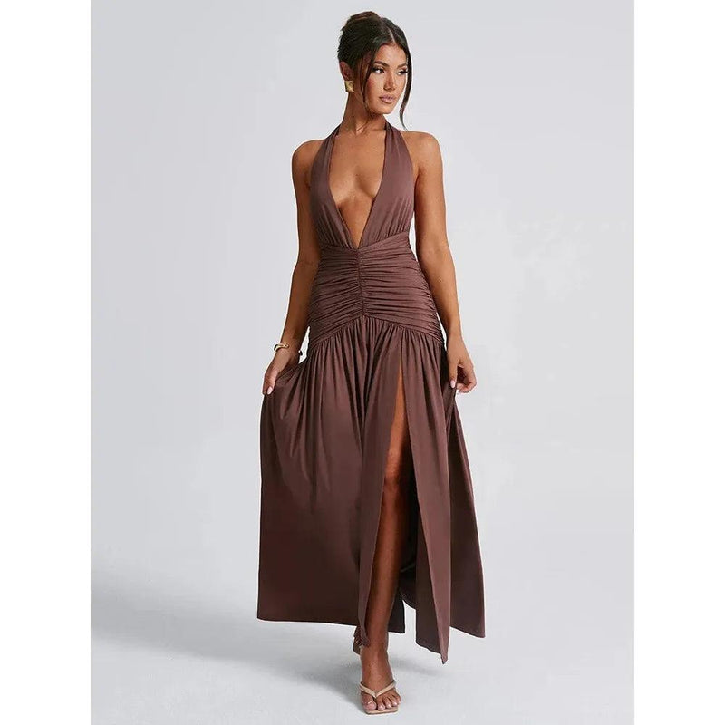 Mozision Women’s Halter Deep V-Neck Backless Maxi Dress - Sexy Sleeveless Thigh-High Split Elegant Long Dress - Faith Affinity