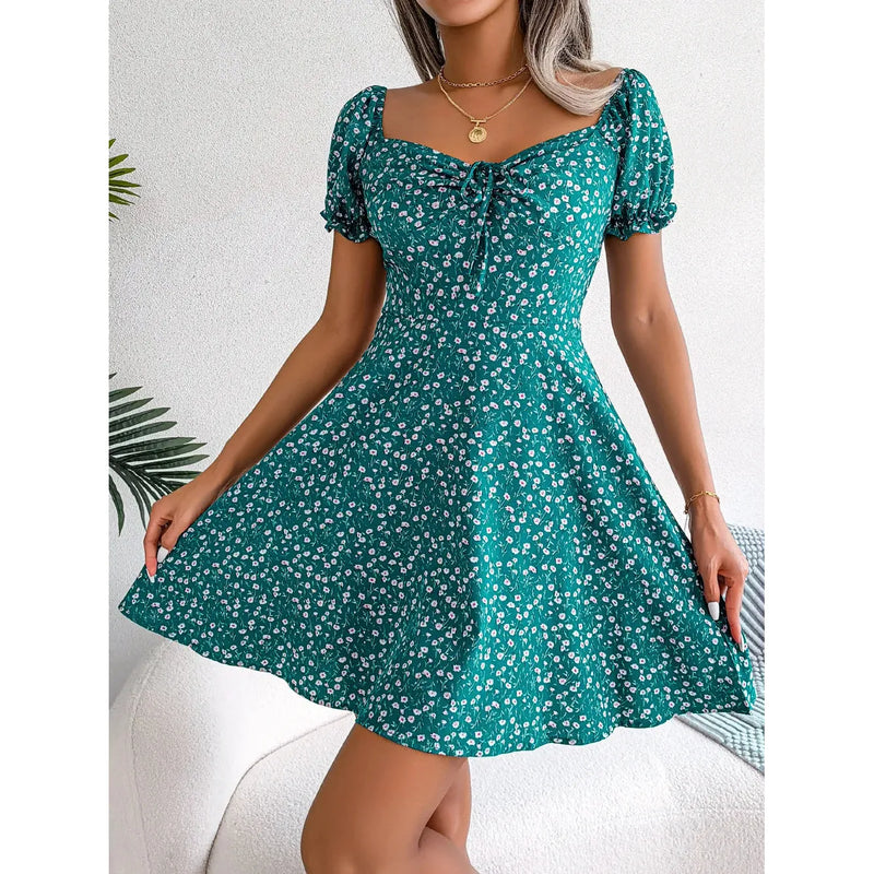 "Spring Summer Floral Ruffles Mini Dress for Women - Square Collar, Casual A-Line Dress with Flare Sleeves and Lace-Up Detail" - Faith Affinity