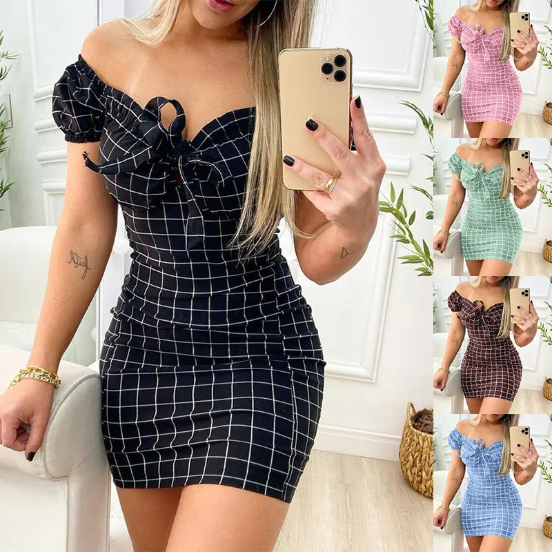 Women’s Sexy Summer Dress - Cross Border Grid Print Short Skirt, Package Buttocks Design Fashion Dress