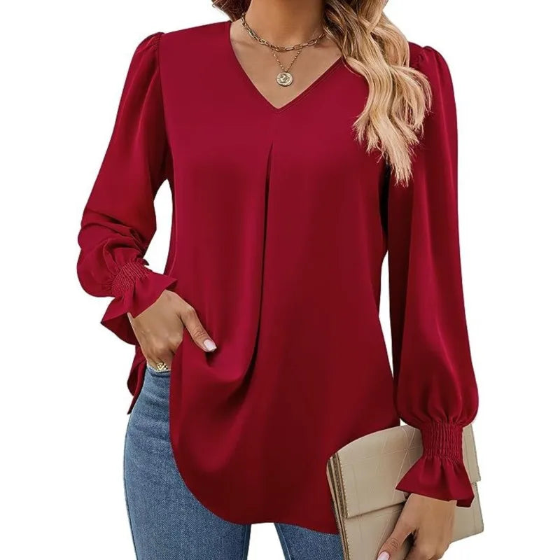 "Women’s Solid Color Chiffon Shirt – V-Neck Pullover Flared Long Sleeves Office Blouse in Elegant Khaki" - Faith Affinity