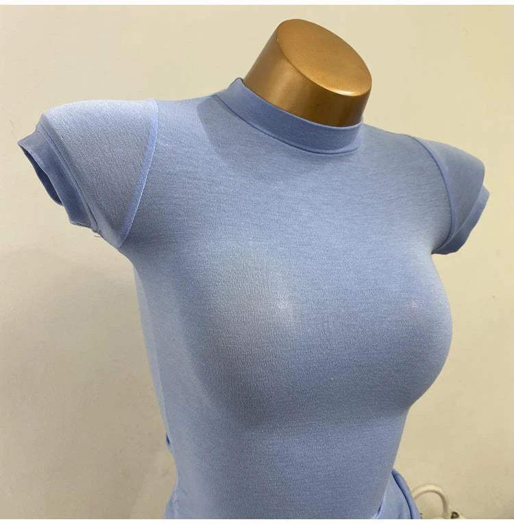 "Women's Half-High Collar Slim Fit T-Shirt - Korean Transparent Short Sleeve Elastic Solid Bottoming Shirt, Sexy Fashion Top"