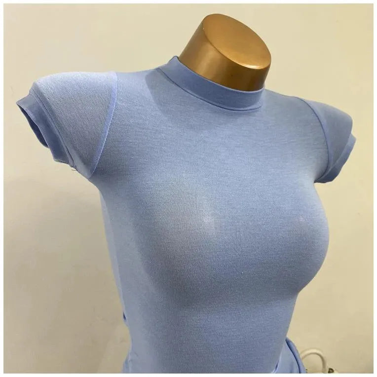 "Women's Half-High Collar Slim Fit T-Shirt - Korean Transparent Short Sleeve Elastic Solid Bottoming Shirt, Sexy Fashion Top" - Faith Affinity