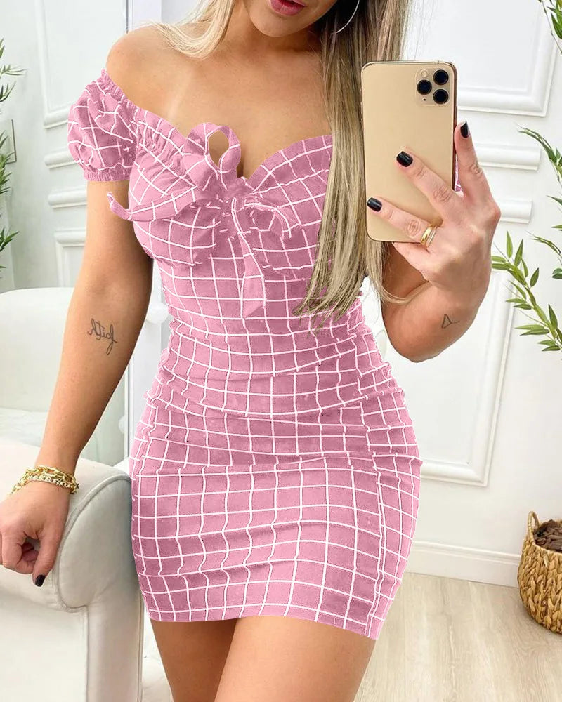 Women’s Sexy Summer Dress - Cross Border Grid Print Short Skirt, Package Buttocks Design Fashion Dress