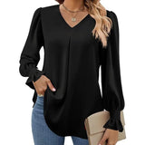 "Women’s Solid Color Chiffon Shirt – V-Neck Pullover Flared Long Sleeves Office Blouse in Elegant Khaki" - Faith Affinity