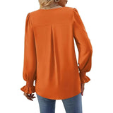 "Women’s Solid Color Chiffon Shirt – V-Neck Pullover Flared Long Sleeves Office Blouse in Elegant Khaki" - Faith Affinity