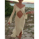 Sexy Women’s Sheer Hollow V-Neck Bodycon Dress - Long Sleeves with Ruffles & Lace, Ruched Beach Vacation & Clubwear - Faith Affinity