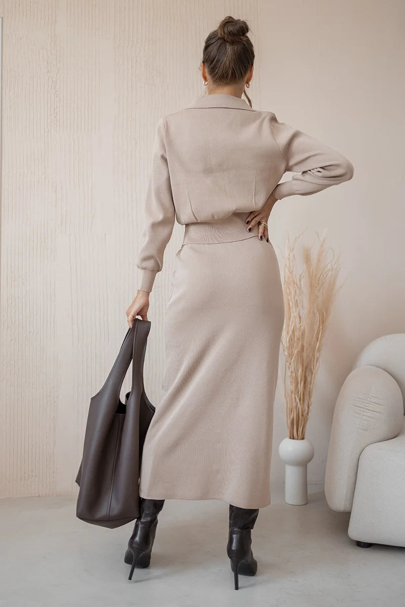 "Women's Elegant Knit Blazer and Skirt Set - Black, White, Brown 2-Piece Vintage Autumn Winter Matching Two-Piece Set"