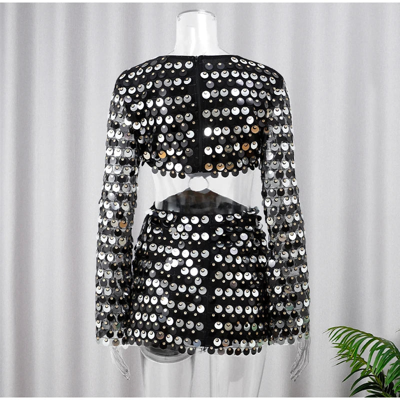 Women’s 2025 Fashion Glitter Sequin Hollow-Out Mini Dress - Elegant Round Neck Long Sleeves Short Party Dress, Chic Outfit