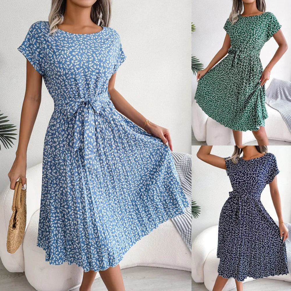 "Women's Floral High Waist A-Line Long Dress - Spring Summer Chic Fashion, Short Sleeve Pleated Maxi Dress"