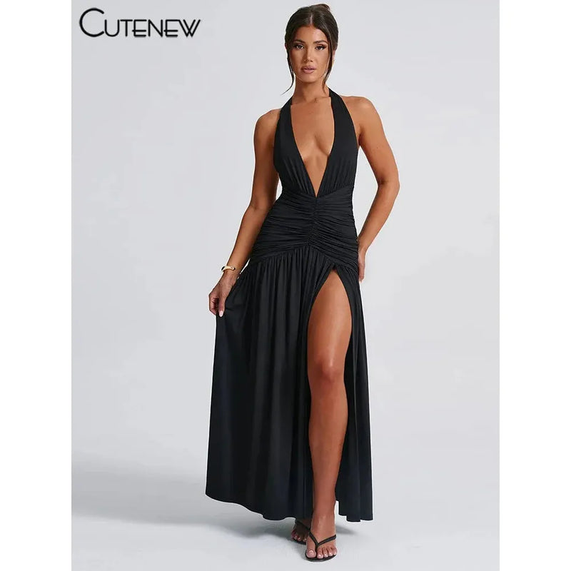 "Nibber Women's Elegant Long Dress - Solid Hipster Halter V-Neck Backless with Shirring & Side Split, High Street Vestidos" - Faith Affinity