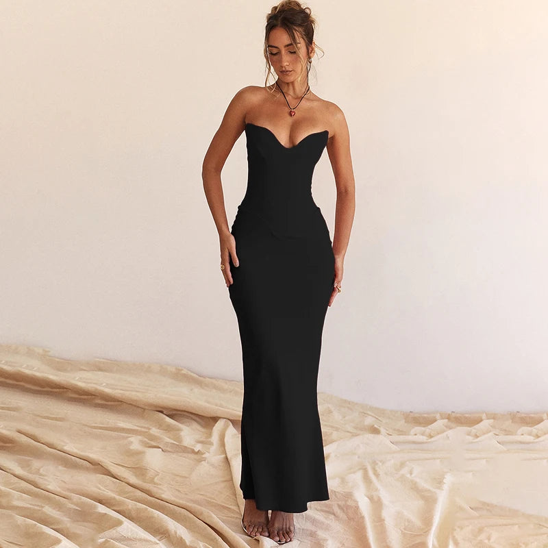 "WannaThis Women's Strapless Corset Midi Dress - Sleeveless Backless Bodycon Prom Dress, Sexy Elegant Evening Formal Streetwear 2025"