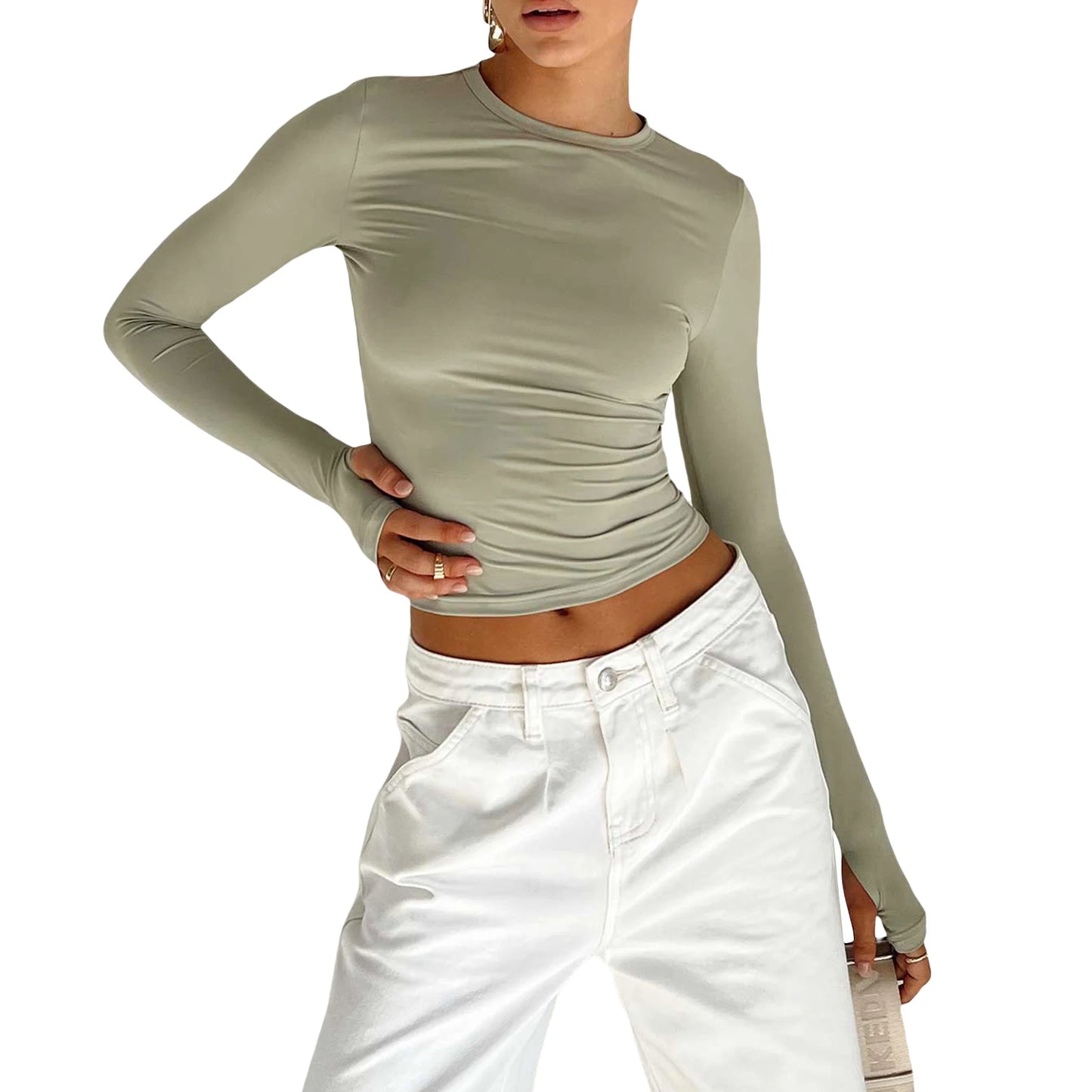 "Women's Long Sleeve Crew Neck Slim Fit Crop Top - Solid Fashion with Thumb Holes for Streetwear and Summer Outfits"