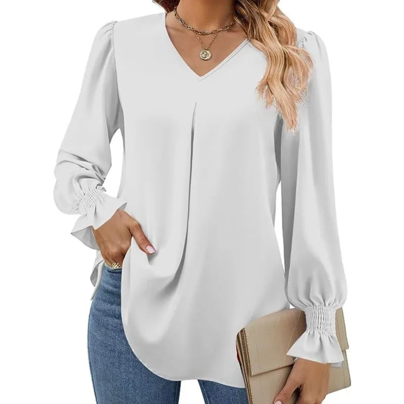 "Women’s Solid Color Chiffon Shirt – V-Neck Pullover Flared Long Sleeves Office Blouse in Elegant Khaki" - Faith Affinity