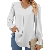 "Women’s Solid Color Chiffon Shirt – V-Neck Pullover Flared Long Sleeves Office Blouse in Elegant Khaki" - Faith Affinity