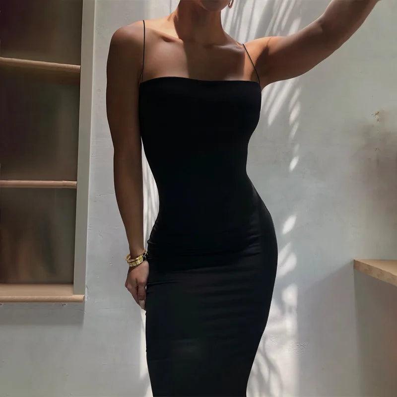 Women’s Summer Black Sexy Bodycon Dress - Sleeveless Backless Spaghetti Strap Casual Clubwear & Elegant Party Outfit - Faith Affinity