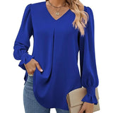 "Women’s Solid Color Chiffon Shirt – V-Neck Pullover Flared Long Sleeves Office Blouse in Elegant Khaki" - Faith Affinity