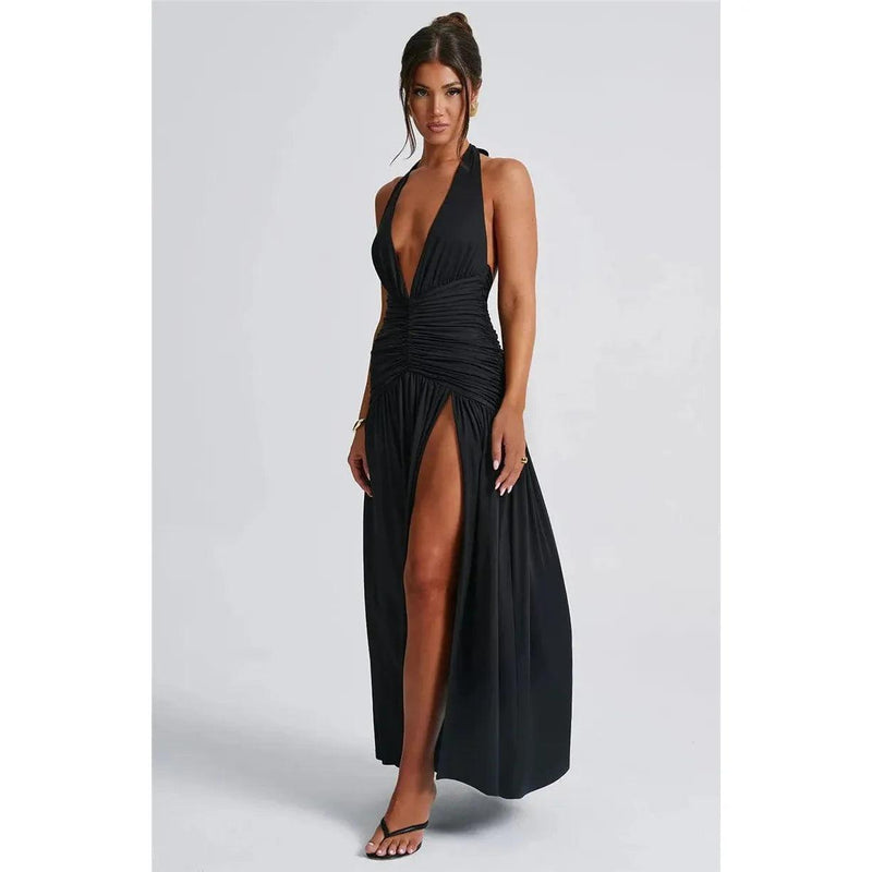 Mozision Women’s Halter Deep V-Neck Backless Maxi Dress - Sexy Sleeveless Thigh-High Split Elegant Long Dress - Faith Affinity