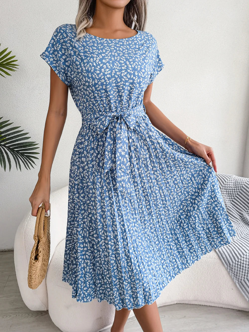 "Women's Floral High Waist A-Line Long Dress - Spring Summer Chic Fashion, Short Sleeve Pleated Maxi Dress"