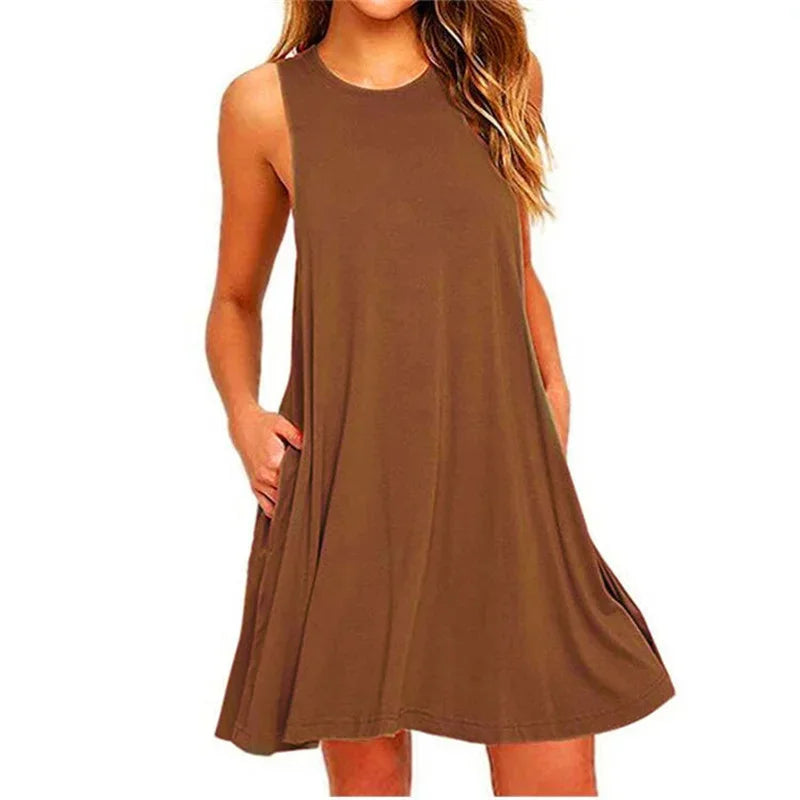 "Women's Casual Summer Dress – Plain Pleated Tank T-Shirt Dress with Pockets, Beach Cover-up"