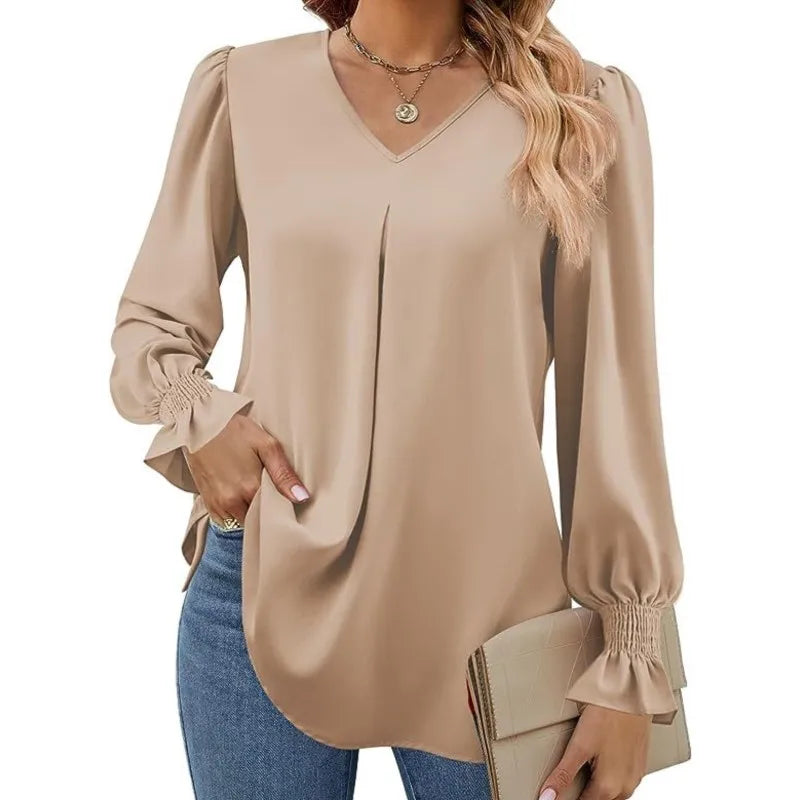 "Women’s Solid Color Chiffon Shirt – V-Neck Pullover Flared Long Sleeves Office Blouse in Elegant Khaki" - Faith Affinity