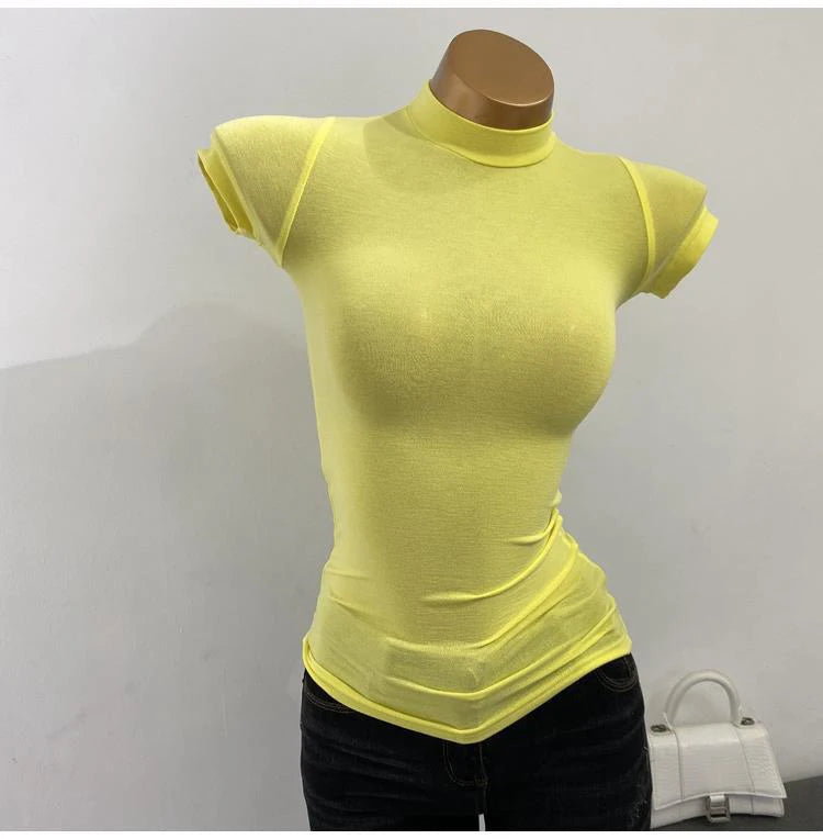 "Women's Half-High Collar Slim Fit T-Shirt - Korean Transparent Short Sleeve Elastic Solid Bottoming Shirt, Sexy Fashion Top"