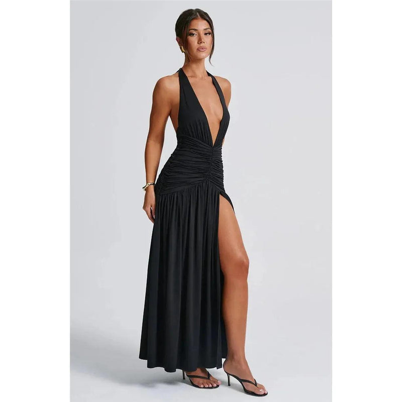 Mozision Women’s Halter Deep V-Neck Backless Maxi Dress - Sexy Sleeveless Thigh-High Split Elegant Long Dress - Faith Affinity