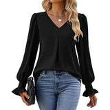 "Women’s Solid Color Chiffon Shirt – V-Neck Pullover Flared Long Sleeves Office Blouse in Elegant Khaki" - Faith Affinity