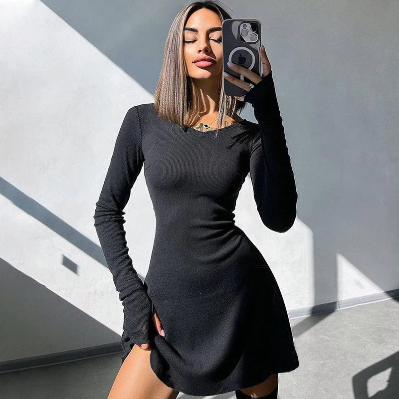 "Elegant Black V-Neck Long Sleeve Mini Dress for Women – Slim Fit, Sexy Autumn Winter Fashion" - Faith Affinity