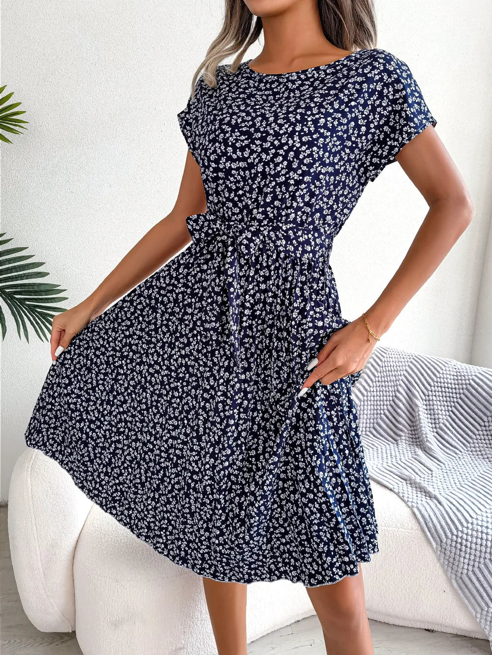 "Women's Floral High Waist A-Line Long Dress - Spring Summer Chic Fashion, Short Sleeve Pleated Maxi Dress"