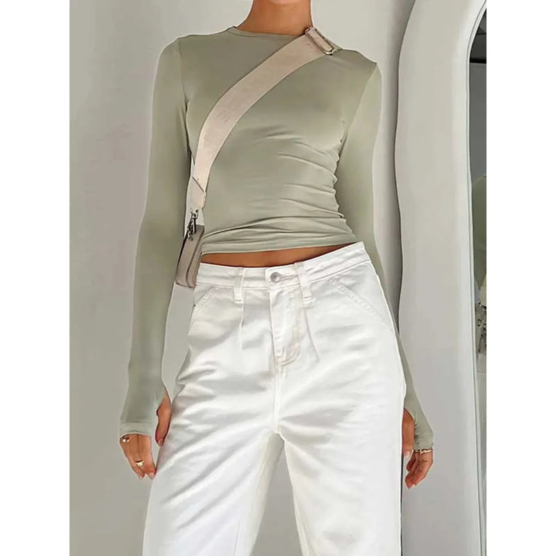 "Women's Long Sleeve Crew Neck Slim Fit Crop Top - Solid Fashion with Thumb Holes for Streetwear and Summer Outfits" - Faith Affinity