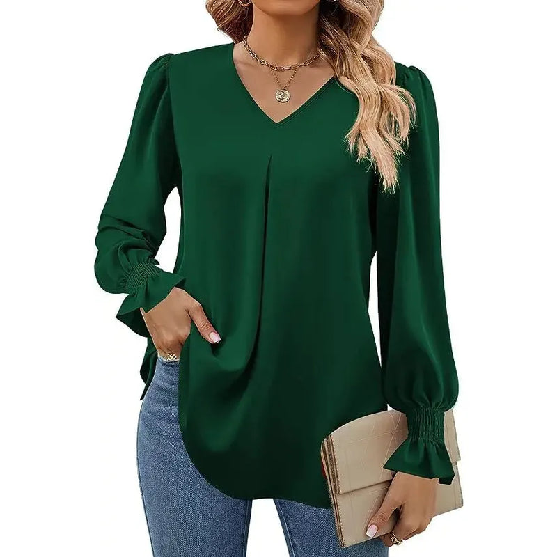 "Women’s Solid Color Chiffon Shirt – V-Neck Pullover Flared Long Sleeves Office Blouse in Elegant Khaki" - Faith Affinity