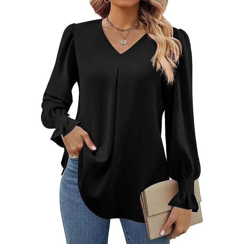 "Women’s Solid Color Chiffon Shirt – V-Neck Pullover Flared Long Sleeves Office Blouse in Elegant Khaki" - Faith Affinity