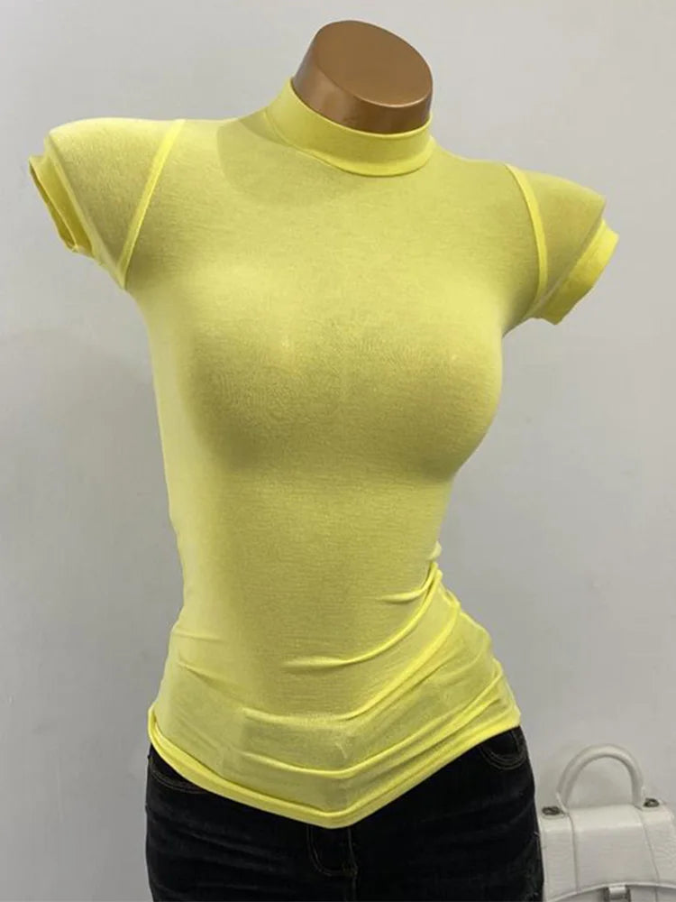 "Women's Half-High Collar Slim Fit T-Shirt - Korean Transparent Short Sleeve Elastic Solid Bottoming Shirt, Sexy Fashion Top"