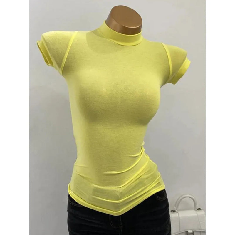 "Women's Half-High Collar Slim Fit T-Shirt - Korean Transparent Short Sleeve Elastic Solid Bottoming Shirt, Sexy Fashion Top" - Faith Affinity