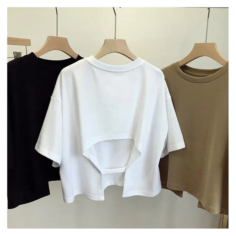 "Women's Backless Summer Crop Top - 2023 Korean Casual Loose Fit Round Neck Short-Sleeved T-Shirt for Sweet and Spicy Style" - Faith Affinity