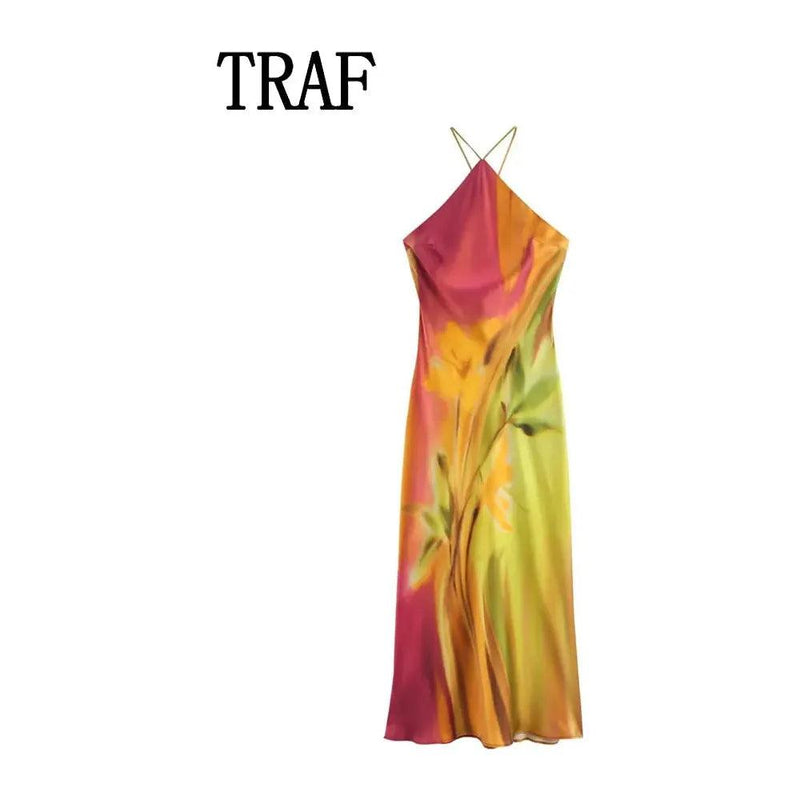 TRAF 2024 Women’s Summer Retro Halter Tie-Dye Dress - Bohemian Style Sleeveless Elegant Fashion Dress - Faith Affinity