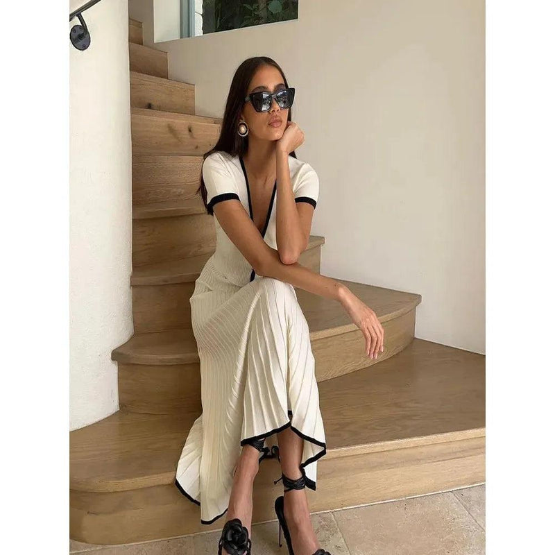 Summer Women White Long Skirt Suit – Short Sleeve V-Neck Crop Top Pleated 2-Piece Skirt Set, Plus Size S-3XL - Faith Affinity