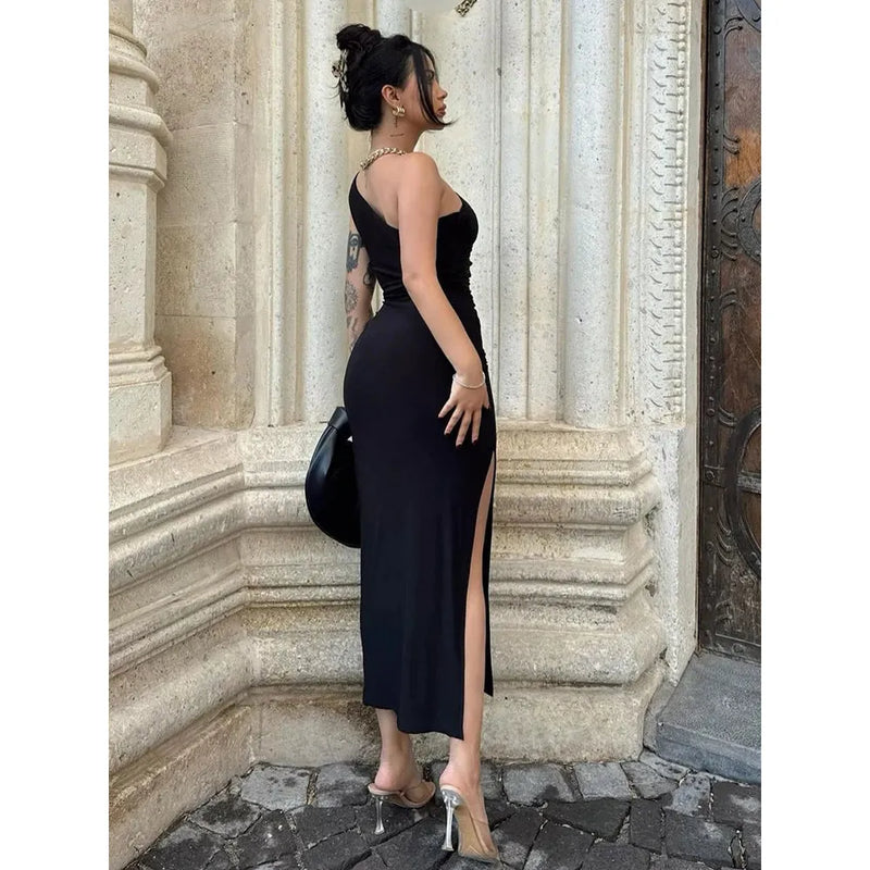 "Summer Black Maxi Dress for Women – Sexy Split Backless Sleeveless Slim Fit Party Dress, Elegant Clubwear" - Faith Affinity